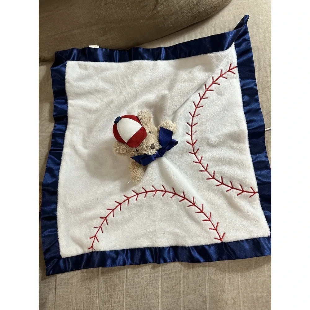 Baseball Teddy Brown Bear lovey‎ Navy Satin Trim Dan Dee rattle Large 17